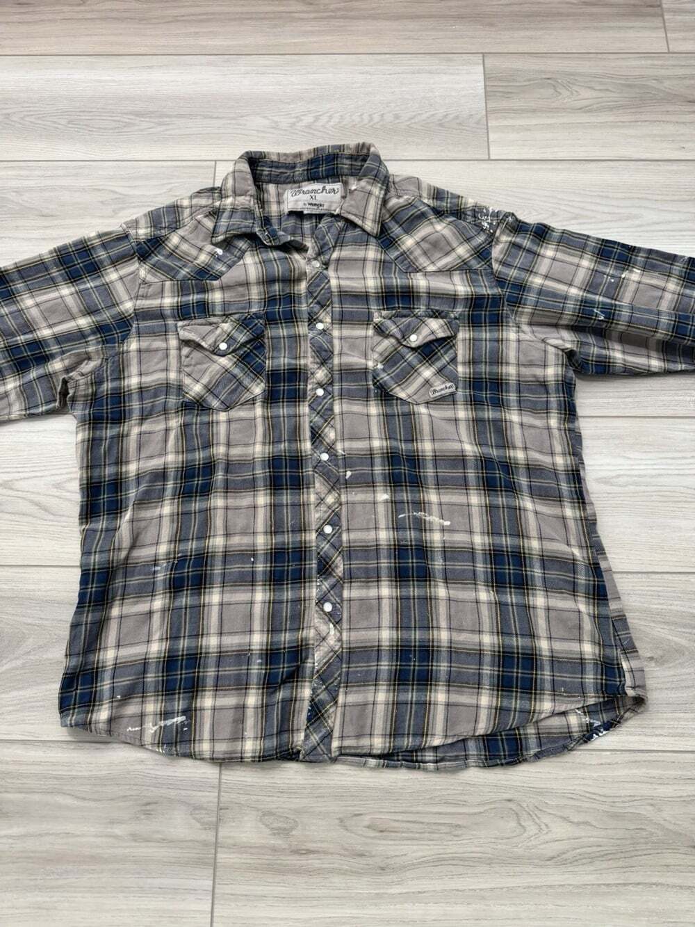 Vintage Wrancher by Wrangler Paint Splatter Flannel Pearl Snap Western Shirt XL